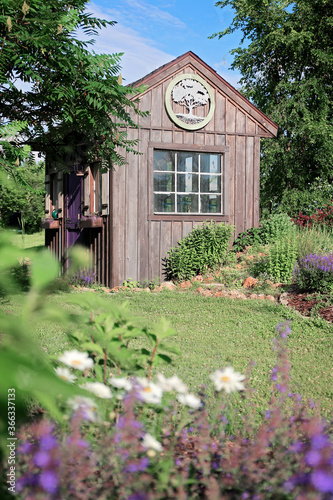 Fotografia Old Wooden Cottage Style Shed near Flowers in a Country Garden