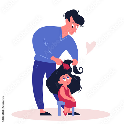 Father time with daughter vector illustration. Cartoon flat happy family characters spending time together, parent dad holding comb, doing hairstyle to cute girl. Fathers day concept isolated on white