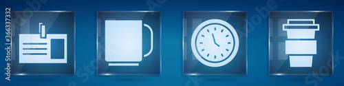 Set Identification badge, Coffee cup, Clock and Coffee cup to go. Square glass panels. Vector.