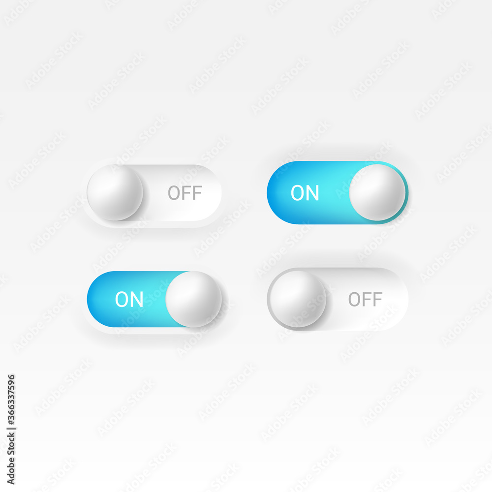 Editable neomorphism on off round shape power blue button set. Slider for website, mobile menu, navigation and application. Realistic vector design. UI component isolated on white background Editable neomorphism on off round shape power blue button set. Slider for website, mobile menu, navigation and application. Realistic vector design. UI component isolated on white background