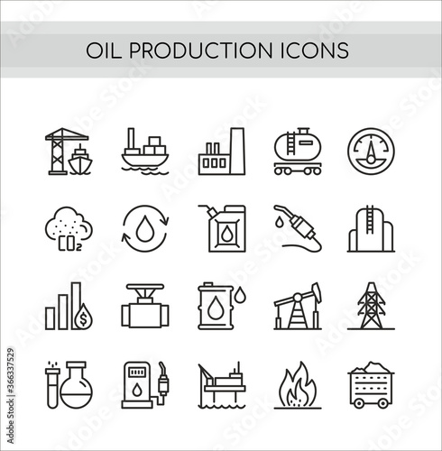 Oil production vector illustration set. Flat thin line icons with oilfield drilling pump station, tanker ship or truck transportation, pollution, refinery oil plant symbols