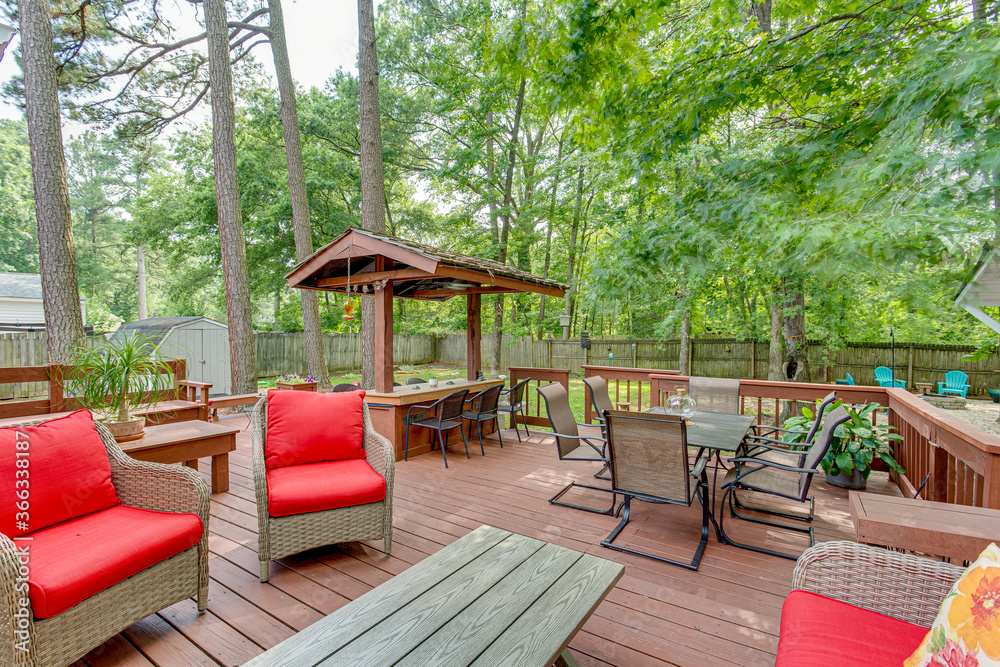 Garden deck patio wood oasis outdoor furniture red pattern relax backyard deck forest greenery bar 