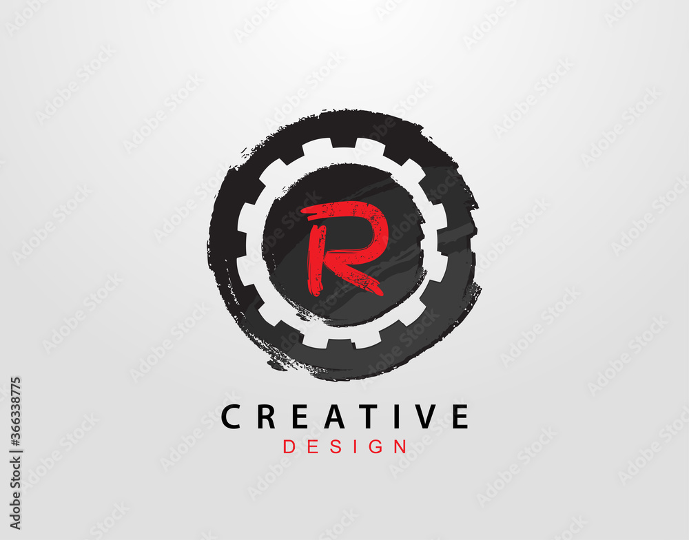 Fototapeta premium R Letter Logo With Gear and Circle Grunge Element. Retro Gear logo design template.