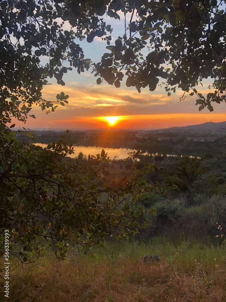 夕方、景色、Sanset, Sun,  オレンジ、Sky, Lake, 湖、Nature, View、Trees, 木々、 