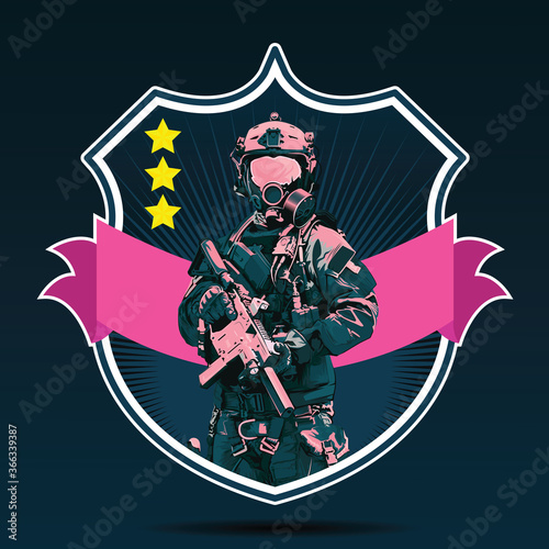 Vector Police arm logoTactical Shoot. Armed police military preparing to shoot with automatic rifle.