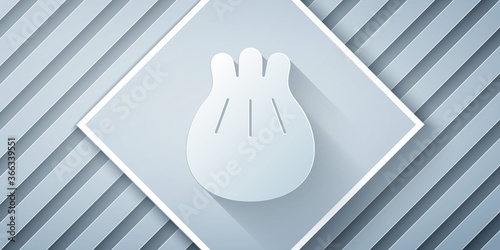 Paper cut Khinkali on cutting board icon isolated on grey background. Traditional georgian dumpling. Paper art style. Vector Illustration.
