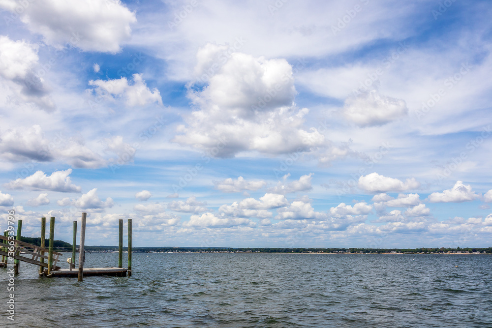 Ocean views and old wooden dock in East Greenwich, Rhode Island