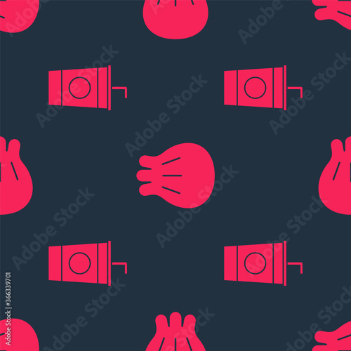 Set Paper glass with straw and Khinkali on cutting board on seamless pattern. Vector.