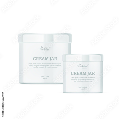 Realistic cosmetic cream jars on white background. Cosmetic cream containers and tubes for cream, shampoo, gel, balsam, conditioner. 3d Vector Illustration