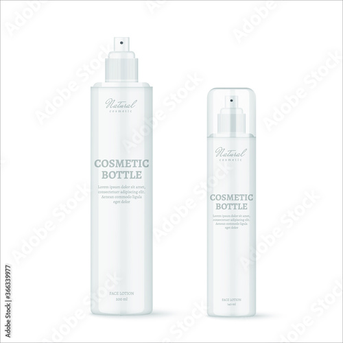 Realistic aerosol bottles for hair spray on white background. Cosmetic containers and tubes for cream, shampoo, gel, balsam, conditioner, soap. 3d Vector Illustration