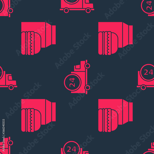 Set Online ordering and burger delivery and Fast delivery by car on seamless pattern. Vector.