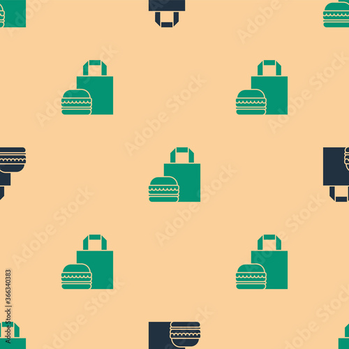 Green and black Online ordering and burger delivery icon isolated seamless pattern on beige background. Vector Illustration.