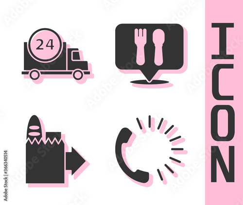 Set Food ordering, Fast delivery by car, Online ordering and delivery and Cafe and restaurant location icon. Vector.