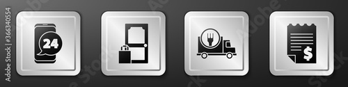 Set Food ordering, Online ordering and delivery, Fast delivery by car and Paper or financial check icon. Silver square button. Vector.
