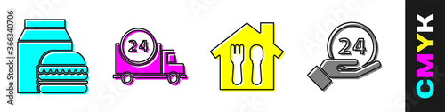 Set Online ordering and burger delivery, Fast delivery by car, Online ordering and delivery and Clock 24 hours icon. Vector.