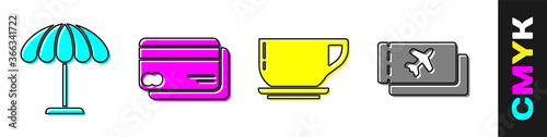 Set Sun protective umbrella for beach, Credit card, Coffee cup and Airline ticket icon. Vector.