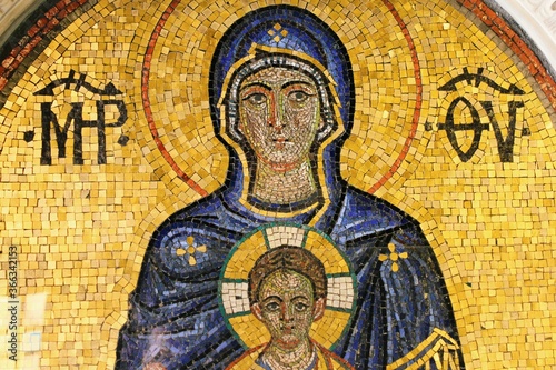 Greece, Athens, July 16 2020 - Mosaic showing Virgin Mary and Jesus Christ inside a Christian orthodox church.