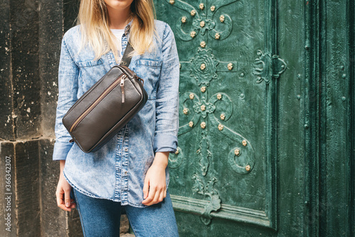 Model in a blue denim shirt, jeans and shoulder bag. Brown Leather Crossbody Purse Leather Clutch Purse - Small Shoulder Bag.