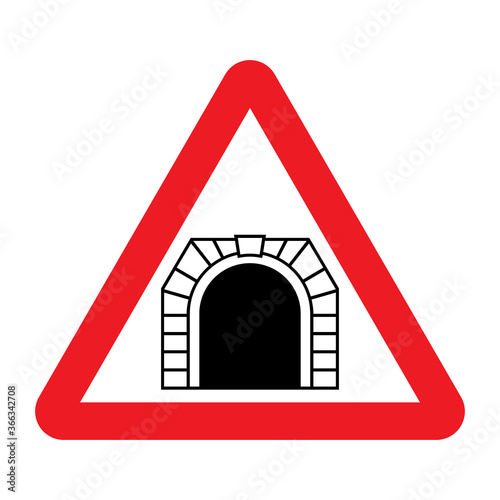 Tunnel ahead traffic sign. Vector illustration of red triangle warning road sign with tunnel pictogram inside isolated on white background. Information for driver.