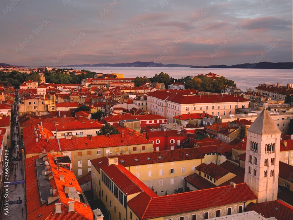 Aerial Panoramic View of UNESCO Zadar with Adriatic Sea in the background during beautiful sunset, Zadar, Croatia