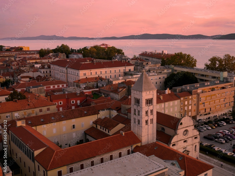 Aerial Cityscape View of Zadar, Croatia During Sunset with beautiful red sky.