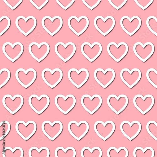 White heart on pale pink background, seamless pattern. Paper cut style with drop shadows and highligts.