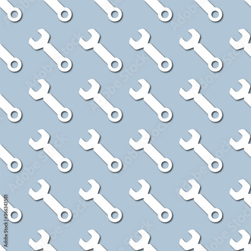 White wrench icon  tools on pale blue background  seamless pattern. Paper cut style with drop shadows and highligts.