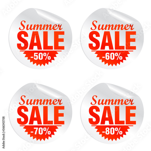 Summer sale stickers set, minus 50, 60, 70, 80 percent off. Vector illustration