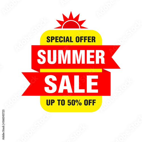 Summer sale banner, sticker design with 50 Discount Tag. Vector illustration