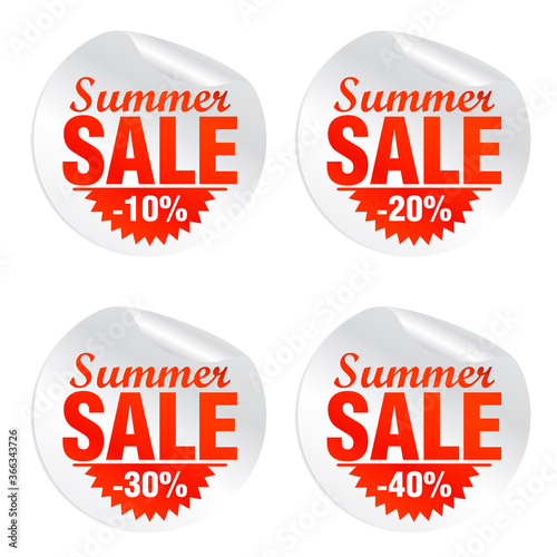 Summer sale stickers set, minus 10, 20, 30, 40 percent off. Vector illustration