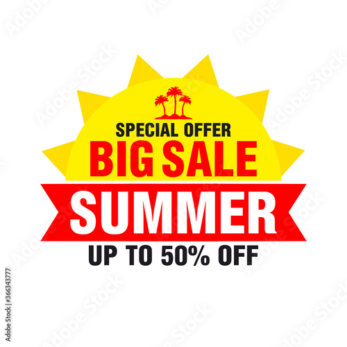 Big Summer sale banner, poster special offer design with 50 Discount. Yellow sun and red ribbon. Vector illustration