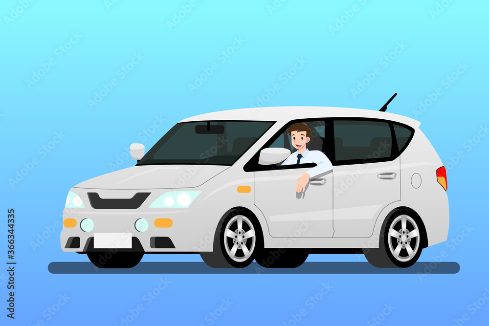 Happy businessman driving a new car to work. It's easy and fast than walk. Business people drive a expensive modern white vehicle with gladness and proud. Isolated vector illustration design.
