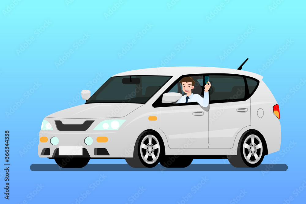 Happy businessman driving a new car to work. It's easy and fast than walk. Business people drive a expensive modern white vehicle that buy from credit card. Isolated vector illustration design.