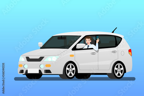Happy businessman driving a new car to work. It s easy and fast than walk. Business people drive a expensive modern white vehicle that buy from credit card. Isolated vector illustration design.