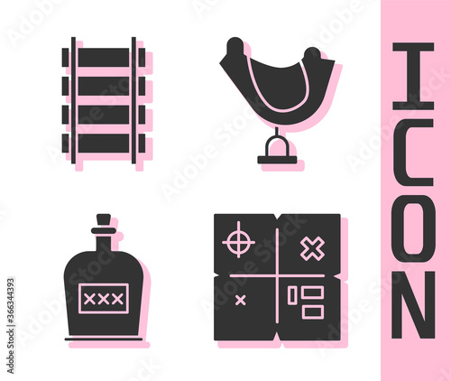 Set Treasure map, Railway, railroad track, Alcohol drink Rum bottle and Wild west saddle icon. Vector.