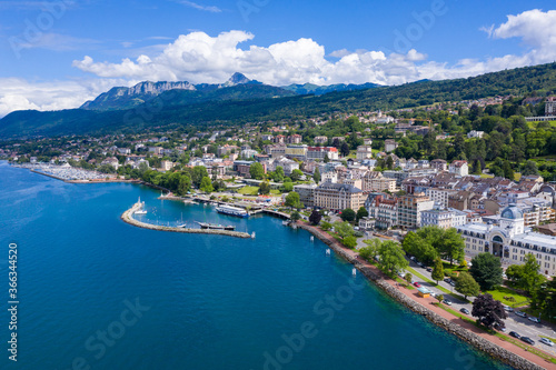 Fototapeta Naklejka Na Ścianę i Meble -  Aerial view of Evian (Evian-Les-Bains) city in Haute-Savoie in France