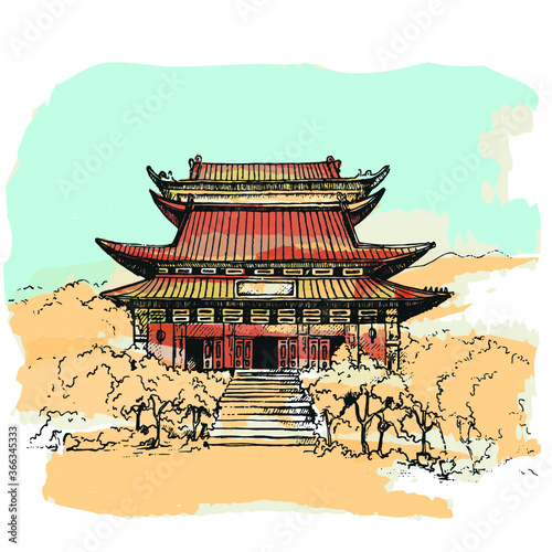 The Po Lin monastery on Lantau island. Hong Kong.Its name means "Precious Lotus".The main entrance to Po Lin Monastery,Buddhist monastery, located on Ngong Ping.Sketch.Vector watercolor illustration.
