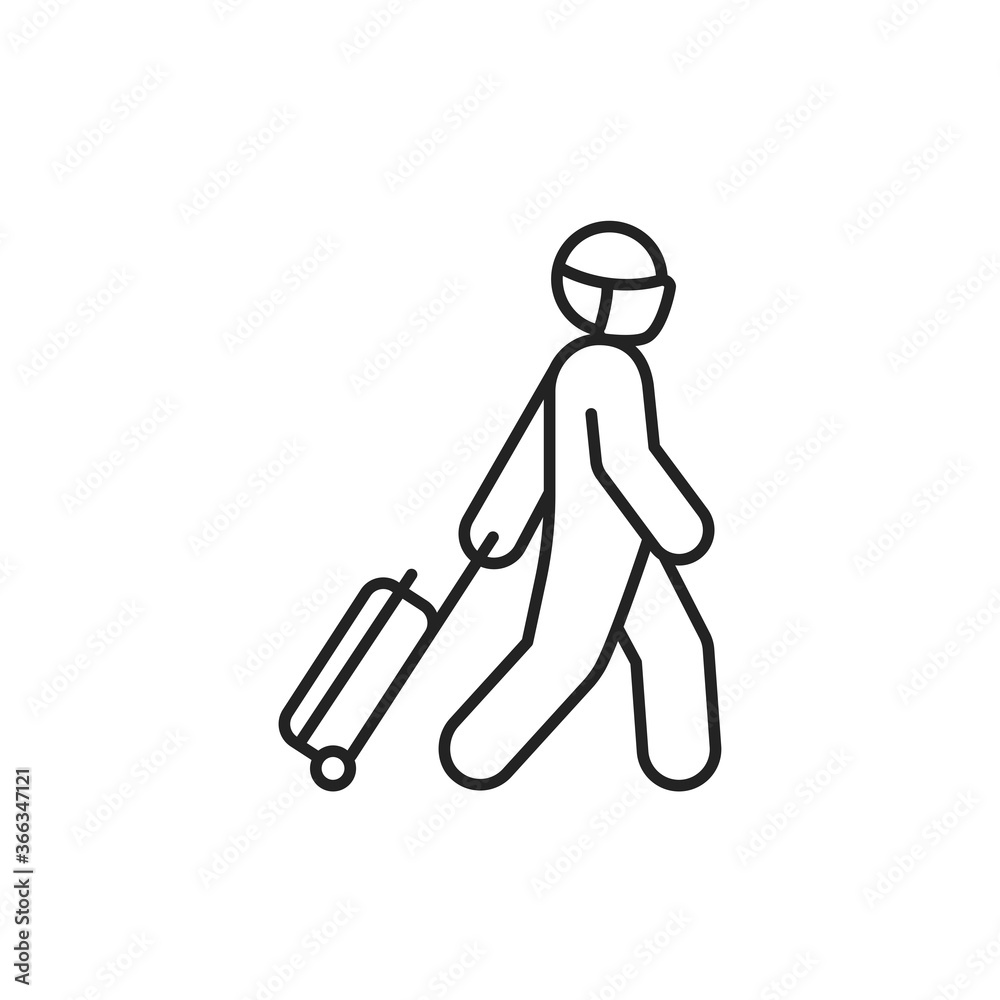 Tourist with luggage black line icon. Safe travel. Pictogram for web, mobile app, promo. UI UX design element. Tourist with luggage black line icon. Safe travel. Pictogram for web, mobile app, promo. UI UX design element.