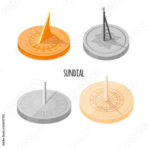 Image of a sundial. Set. Flat design. Vector illustration. Isolated on white background.