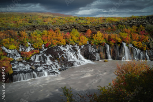 Icelandic nature landscape. Hraunfossar waterfall  series of waterfalls   West Iceland. Long exposure effect