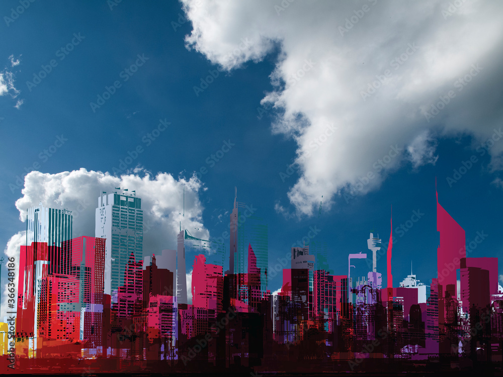 Obraz premium Generic silhouetted stylized urban city skyline set against a blue cloudy sky
