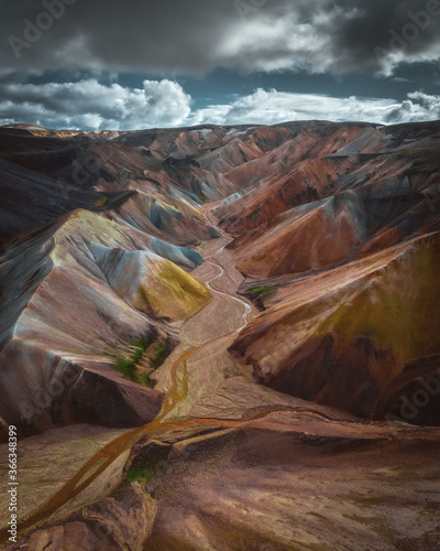 Aerial drone view of Landmannalaugar colorful mountains panorama in Iceland. Beautiful nature landscape