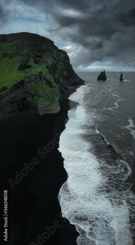 Aerial drone view of Reynisfjara Black Sand Beach nature landscape in South Iceland near Vik village