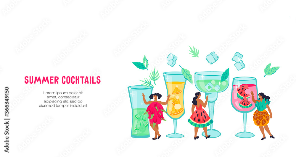 Women in creative dresses among glasses with fruit summer cocktails. Cocktail bar, beach party and summer refreshing drinks making website template flat vector illustration.
