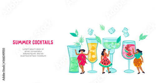 Women in creative dresses among glasses with fruit summer cocktails. Cocktail bar  beach party and summer refreshing drinks making website template flat vector illustration.