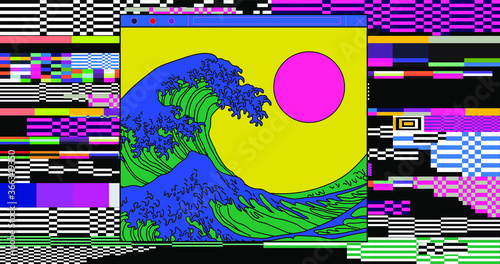 Fotomurale Cyberpunk style collage with Great Wave image on glitched and pixelated background
