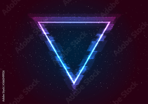 Retro futuristic 80s - 90s abstract hi-tech neon background with galaxy sky and glitch effect triangle. Vector poster design