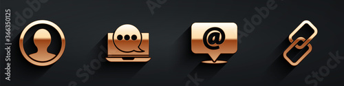 Set Create account screen, Chat messages notification on laptop, Mail and e-mail and Chain link icon with long shadow. Vector.