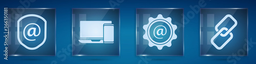 Set Shield with mail and e-mail, Monitor and phone, Mail and e-mail and Chain link. Square glass panels. Vector.
