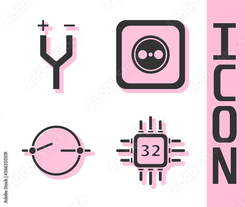 Set Processor with microcircuits CPU, Electric cable, Electric circuit scheme and Electrical outlet icon. Vector.